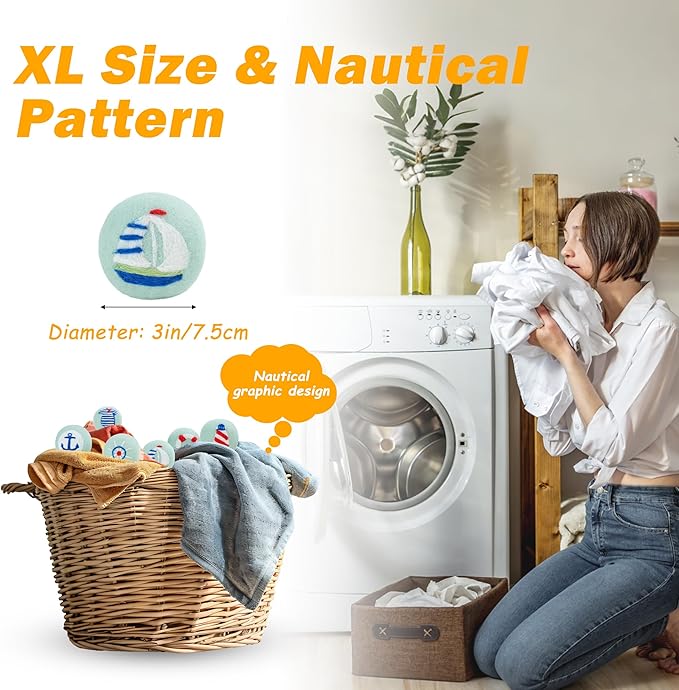 Wool Dryer Balls XL Size 6 Pack - Fun Dryer Balls with Ocean Pattern Cute Dryer Balls Laundry Reusable Anti Static Handmade New Zealand Wool Balls (Nautical Pattern)