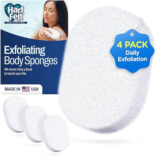 HartFelt Bath Sponges for Shower | Oval Body Wash Scrubber for Exfoliating Skin | Clean and Refresh Body, Back & Arms | Chemical-Free Body Sponge | Made in USA - Pack of 4