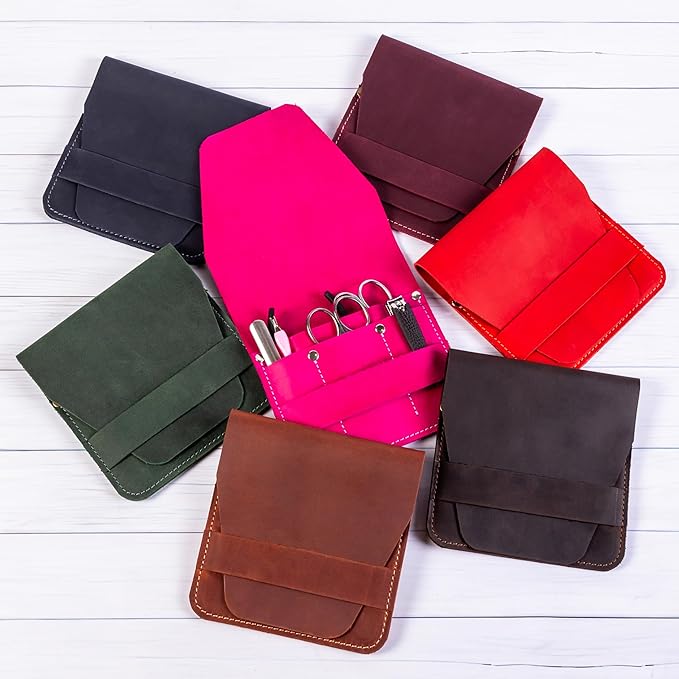 Leather Manicure Set Case Grooming Kit Organizer (Light Brown)