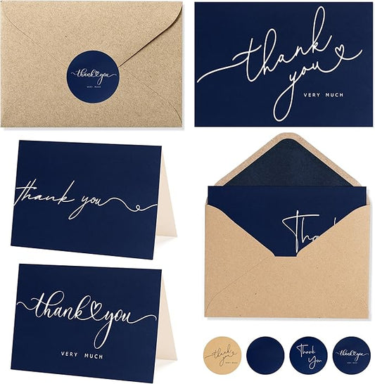 100 Bulk Navy Thank You Cards with Kraft Envelopes and stickers - 4 Minimalistic Designs Blank Thank You Notes with Envelopes Matt for business Wedding Bridal Gift Baby Shower Business Graduation