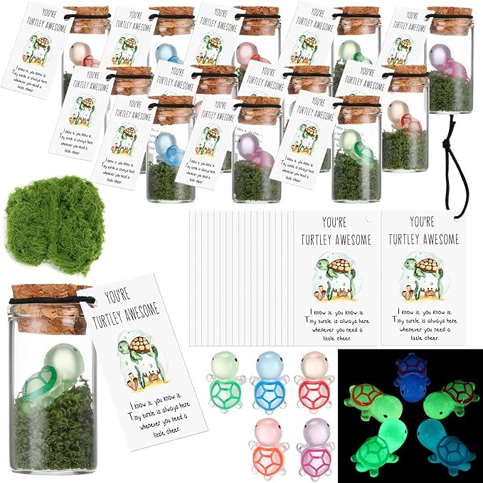 20 Sets Employee Appreciation Gifts Bulk Emotional Support Inspirational Mini Luminous Turtle Cards with Glass Bottle for Christmas Teacher Students Gift Classroom Party Favors