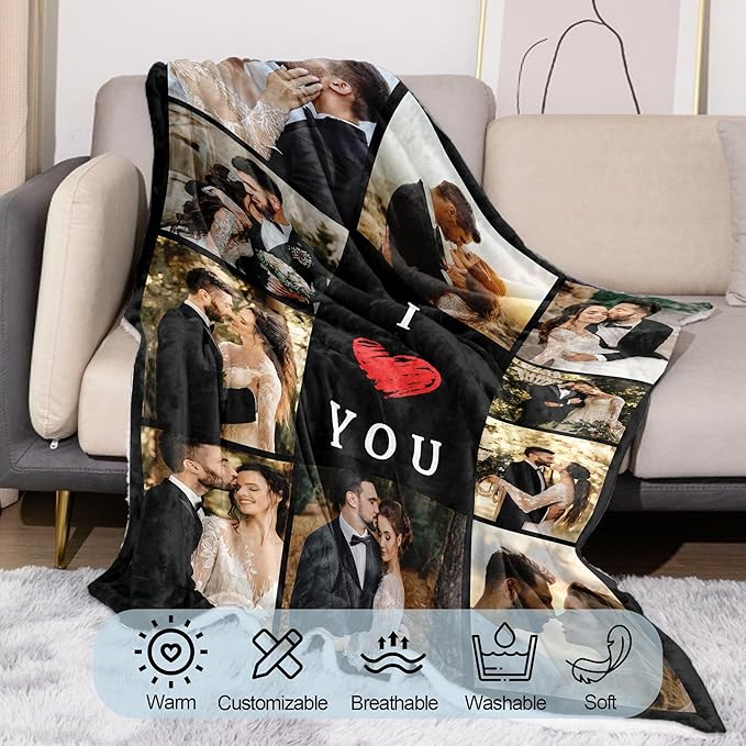 Ships Next Day Custom Photo Blanket for Valentine Day Personalized Thows Blanket with Picture I Love You Gifts for Couples Customized Gifts for Girlfriend/Boyfriend/Mom/Dad - Printed in USA