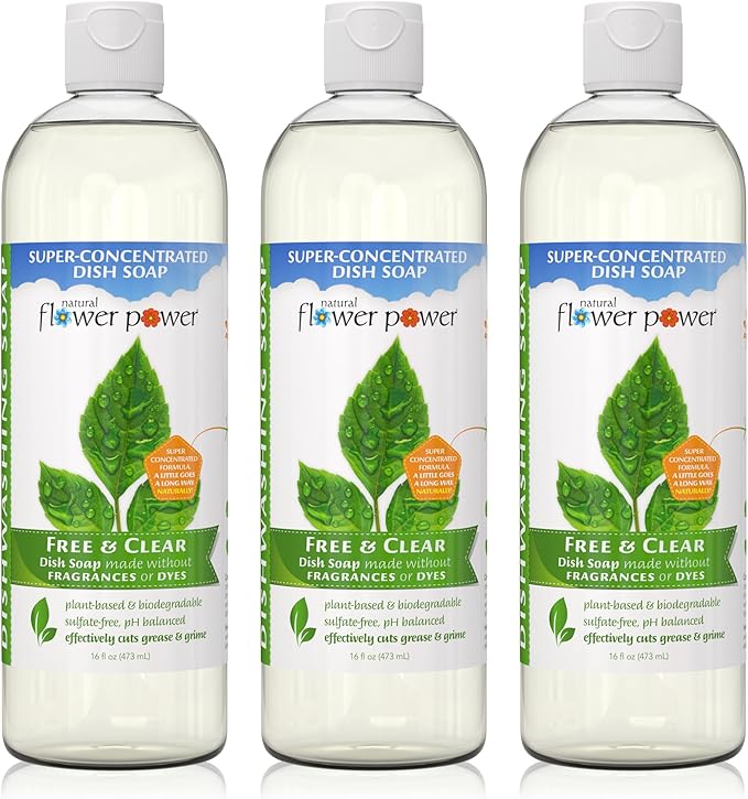 Natural Flower Power Liquid Dish Soap – Free & Clear (Unscented) – Plant-Based & Scented w/ Pure Essential Oils – Natural Dishwashing Detergent – Sulfate-Free Kitchen Soap – Vegan (16 Fl Oz 3 Pack)