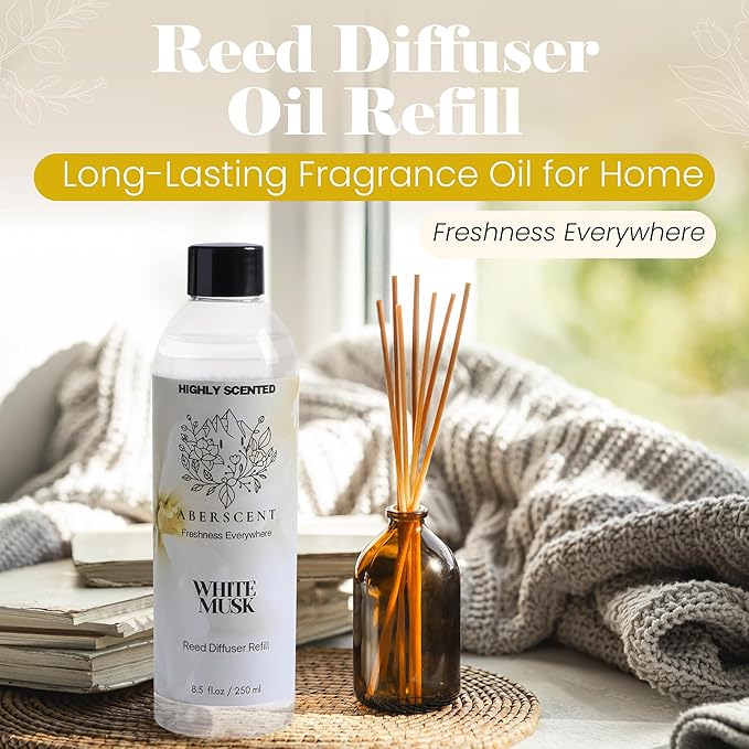White Musk Aberscent Premium Reed Diffuser Oil Refill (8.5 Fl Oz/250ml) – Long-Lasting Fragrance Oil for Home, Office & Spa – Relaxing Scent, Luxury Hotel-Style Aroma