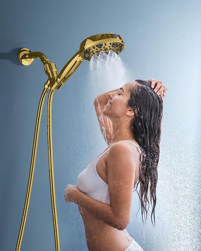 High Pressure Shower head with Handheld 7 Modes, Built-in Power Wash to Clear Tub. Tile & Pets, 5” High Flow Hand Held Hydro Rain Showerhead with Stainless Steel Hose and Adjustable Bracket-Brush Gold