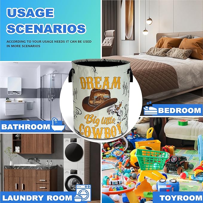 Western Cowboy Laundry Basket Oxford Cloth Cowboy Hat Desert Laundry Hamper With Handle Foldable Portable Clothes Storage Basket 18.9 X 16.5 In Storage Bag For Laundry Room/Bathroom/Bedroom