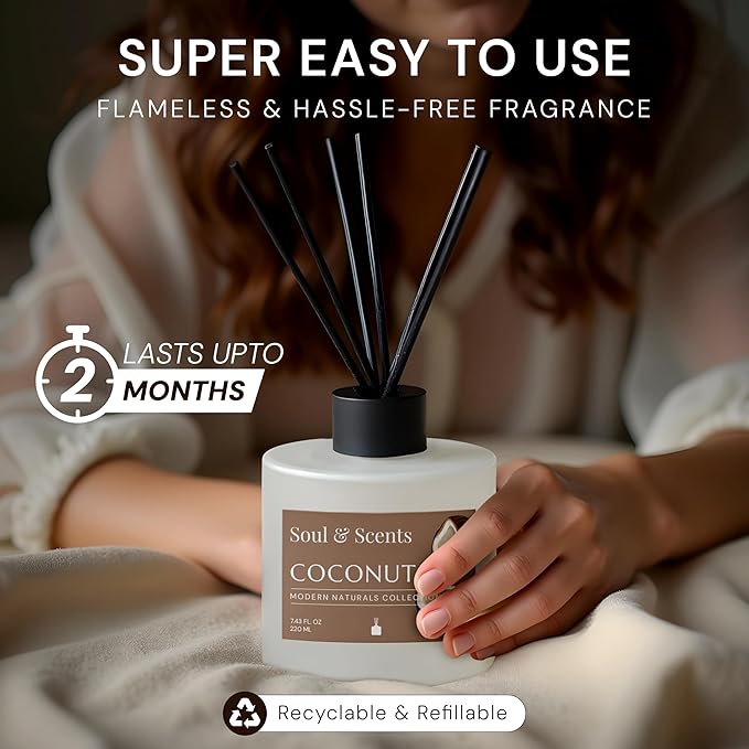 Soul & Scents Reed Diffuser Set – Coconut | 7.43 oz Refillable Scented Oil with 6 Fiber Sticks | Long-Lasting Home Fragrance & Air Freshener for Bedroom, Bathroom, Office | Gift & Décor Piece