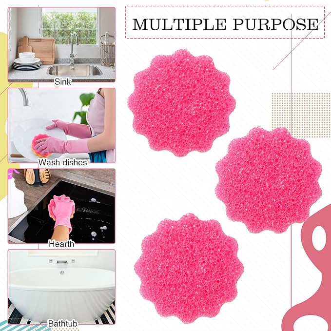 3 Pcs Dual Sided Scrub Sponge Multi Functional Cute Temperature Sensitive Non Scratch Dish Sponge for Washing Dishes Kitchen Bathroom(Flower)