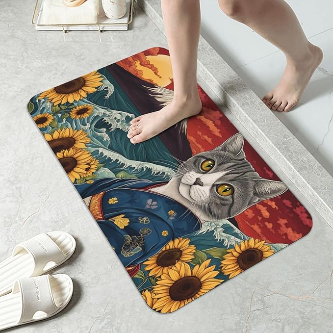 Japanese Waves Cat Bath mats Quick Dry Absorbent Bath Rugs Rubber Non Slip Bath Mat for Bathroom Floor Tub Shower Sink 16"×24"