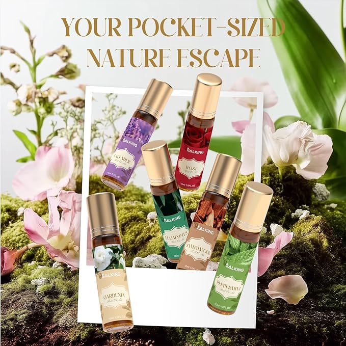 SALKING Essential Oils Roll On Set (6 Pack), Aromatherapy Oil with Roller Ball for Skin Use, Natural Fragrance Gift for Women and Men - Sandalwood, Eucalyptus, Peppermint, Lavender, Rose, Gardenia