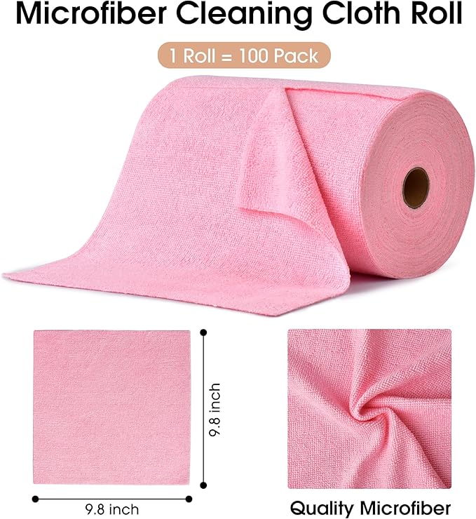 KitchLife Microfiber Cleaning Cloth Roll, 100 Pack - Tear-Away Microfiber Paper Towels, Lint-Free, Reusable, Washable for Kitchen, Car, Dishes, and Sensitive Surfaces (Pink)
