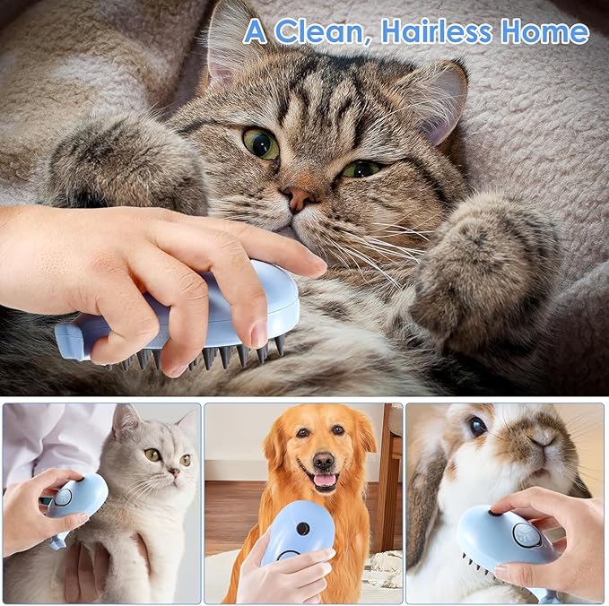 3 in 1 Cat Steamy Brush with Care Solution 2Pcs - Electric Spray Grooming Comb for Cats Dogs, Steaming Silicone Massage Brush - Self Cleaning Pet Hair Remover - Blue & Purple