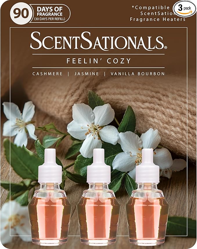 Scentsationals Fragrance Oil Plug In Air Freshener Refills 3-Pack - Feelin' Cozy - Works with Scentsationals Wall Plugs, Long-Lasting Home Fragrance, 0.8 fl oz Each, Packaging May Vary