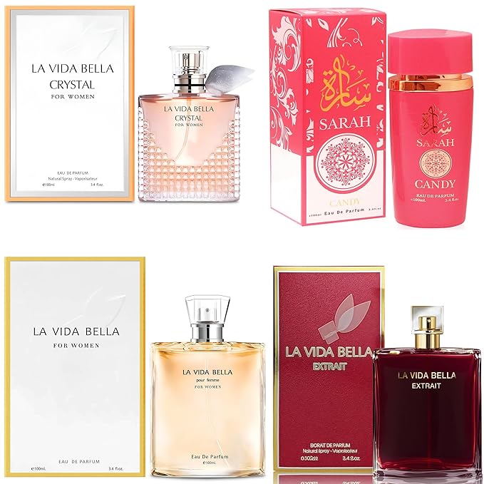 4PCS Perfume Set for Women - Floral Fragrance Gift Set with Vanilla,Sweet Fruity Eau De Patfume 3.4 Fl Oz Each(La Vida Bella,La Vida Bella Crystal,La Vida Bella Ext,Sarah Candy)