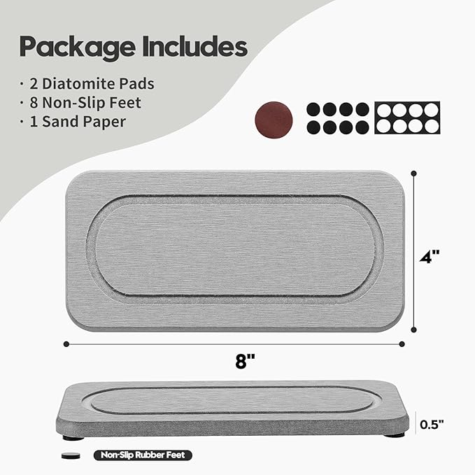 2Pack Diatomite Stone Water Absorbing Sink Tray for Kitchen & Bathroom Counter, Quick Dry Soap Dish Makeup Vanity Caddy, Dispenser Sponge Holder Space Organizer, Light Gray - 8"x 3.8"