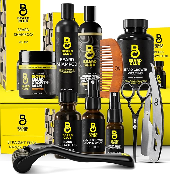 The Beard Club Titanium Beard Growth Kit - Derma Roller, Growth Oil, Vitamins, Vitamin Spray, Biotin Balm, Thickening Conditioner, Shampoo, Straight Razor, Scissors, Comb, Cleansing Spray - Gift Set