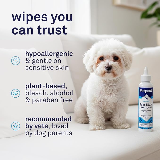 Petpost Tear Stain Remover for Dogs | 8 oz Gentle Dog Eye Cleaner Solution | Safe Dog Tear Stain Remover for White Fur & Light-Coated Breeds | Bleach Free
