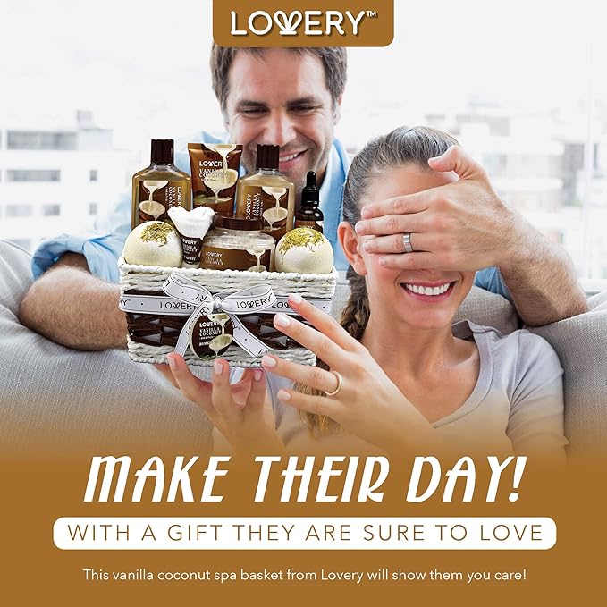 Gifts For Women Gift Basket for Women– 9 Piece Christmas Gifts Set of Vanilla Coconut Home Spa Set, Includes Fragrant Lotions, Extra Large Bath Bombs, Coconut Oil, Luxurious Holiday Bath & Body Sets