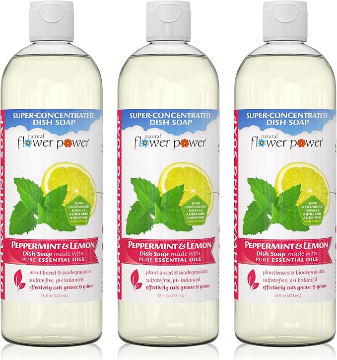 Natural Flower Power - Plant-Derived Dish Soap - Sulfate-Free, Bio-Based, pH-Balanced, Vegan Cleaning Supplies - Peppermint & Lemon - 3 x 16 oz