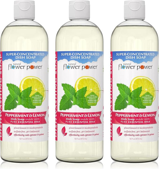 Natural Flower Power - Plant-Derived Dish Soap - Sulfate-Free, Bio-Based, pH-Balanced, Vegan Cleaning Supplies - Peppermint & Lemon - 3 x 16 oz