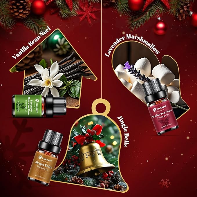 Fragrance Oil Christmas Set, Jingle Bells, Christmas Wreath, Xmax Tree, Gingerbread, Spice, Vanilla Bean Noel, Scents for Candle Soap Making Supplies, Essential Oil for Home