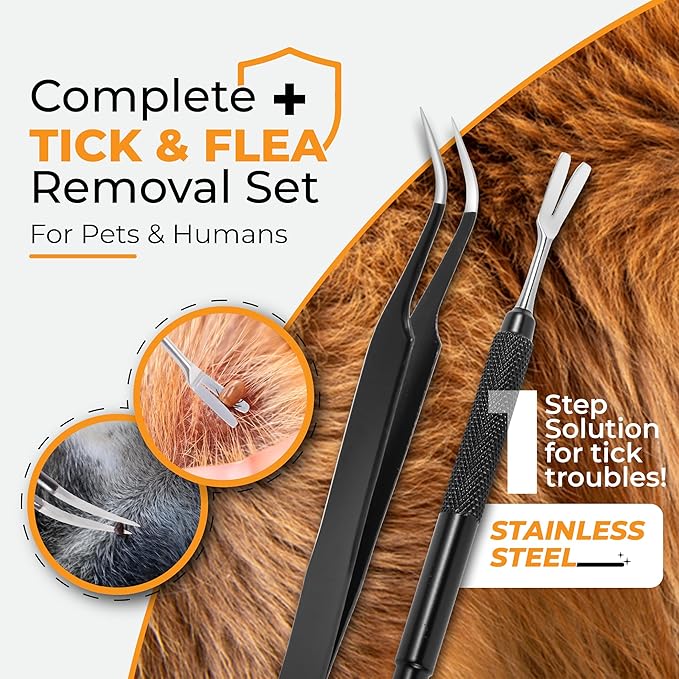Premium Tick Removal Tool, Perfect Tick Remover for Dogs Cats &Humans, Safe Tick Control Puller, with Precision Fine Point Tip Curved Tweezers Set, Meet Various Needs, Stainless Steel- 2 Sets