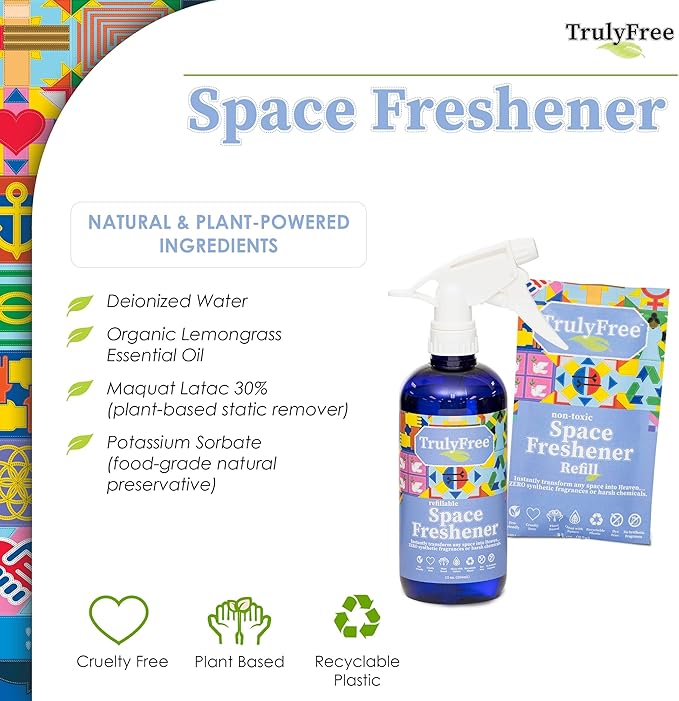 Truly Free Space Freshener Starter Kit, Lemongrass Essential Oil - Car and Air Fresheners for Home, Natural Odor Eliminator Room Spray, 16oz Spray Bottle, 1 Refill (3.4oz) No Synthetic Fragrances