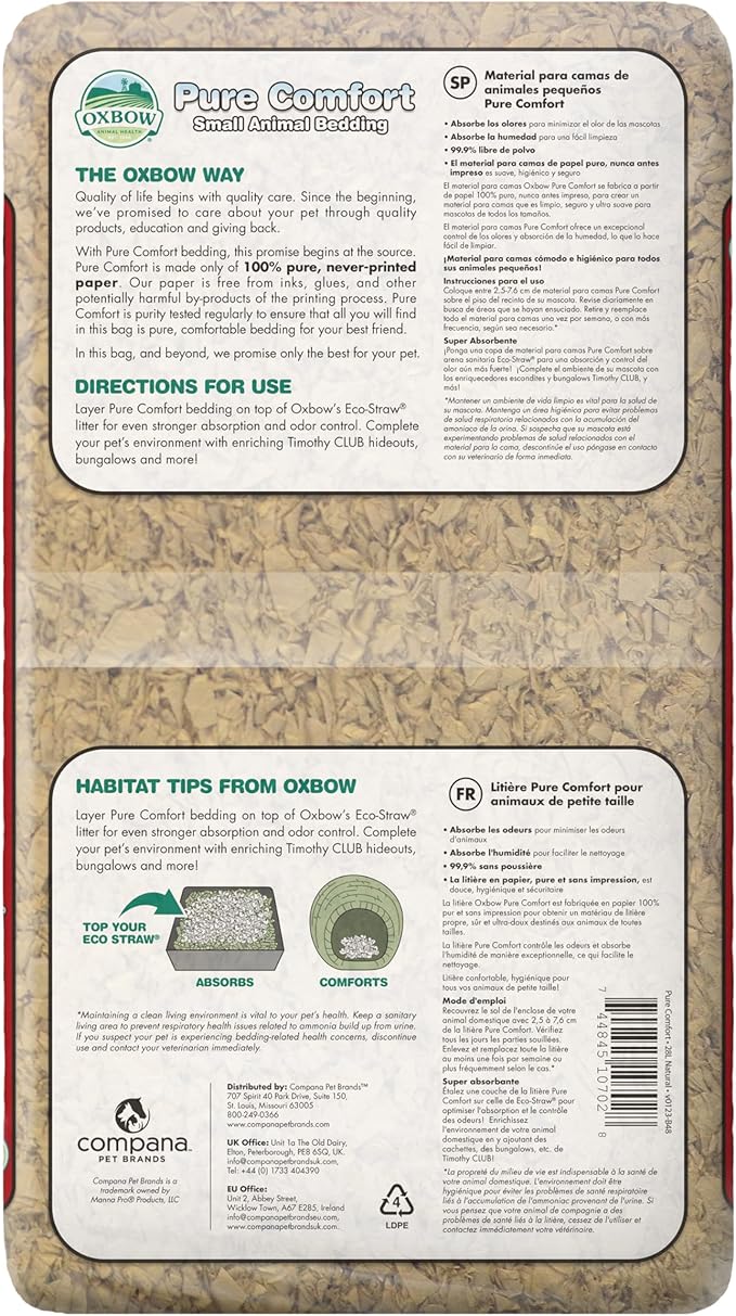 Oxbow Pure Comfort Bedding, Rabbit, Hamster, & Guinea Pig Bedding, Bunny Supplies for Litter Box, Pet Safe, 99.9% Non-Dust, Bunny Litter Box, Natural, 28 Liter Bag