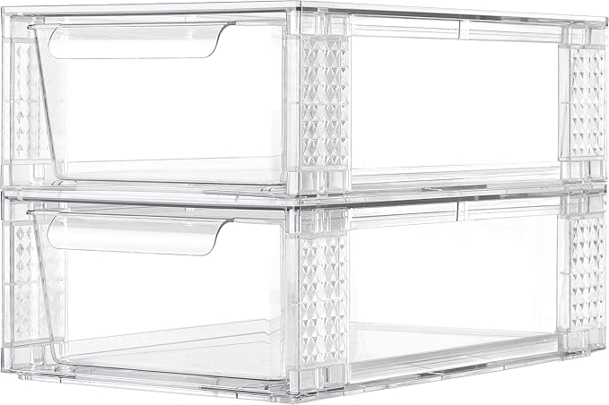 2 Pack Clear Stackable Storage Drawers, 3.95" H Easily Assemble Acrylic Organizer Bins - Multi-Use for Make up, Closet, Pantry, Bathroom, Medicine, Kitchen Cabinet & Undersink Organization