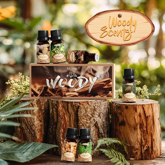 SALKING Woody Essential Oils Gift Set, Natural and Pure Aromatherapy Fragrance Oils for Diffuser, Humidifier, Massage- Frankincense, Teakwood, Sandalwood, Cypress, Cedarwood, Patchouli