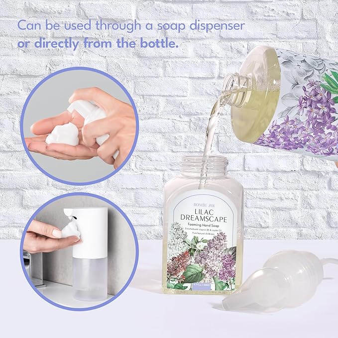 ROMIIE ZOI Lilac Foaming Hand Soap Refill Gift Set – 3 Pack (33.8 Fl Oz Each) with Refillable Dispenser, Soft Floral Scent, Moisturizing, Biodegradable & Chemical-Free Formula for Bathroom, Kitchen