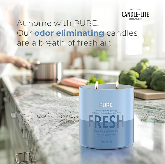 Candle-Lite Pure Lavender & Sandalwood Odor Eliminating Scented Candles, Neofresh Technology Eliminates 99.9% of Odors, 16 oz 2-Wick Jar, Proudly Poured in The USA, Up to 60 Hours Burn Time
