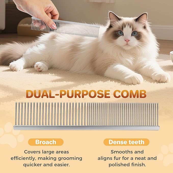 7.5 Inch Professional Solid Brass Stainless Steel Pet Dog Cat Grooming Comb,Wide & Dense Teeth for Removing Tangles, Knots,Undercoat,Excess Hair, Rounded Corners Design for Safe,Metal Dematting Tool