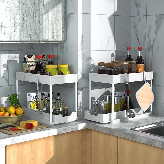 2 Pack Under Sink Organizer, 2 Tier Bathroom Cabinet Organizer with Sliding Basket, Multi-Purpose Under Sink Organizers and Storage for Bathroom Kitchen (White 2 Pack)