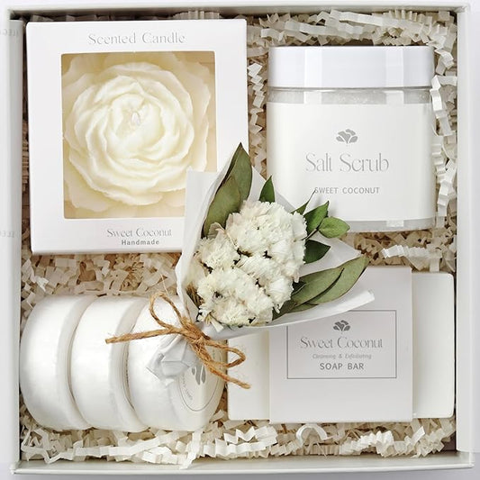 Sweet Coconut Small Spa Gift Set for Women – Relaxation Gift Basket with Candle, Soap, Salt Scrub & Shower Steamers – Unique Birthday, Bridal Shower, Christmads, Thank You & Self Care Gifts