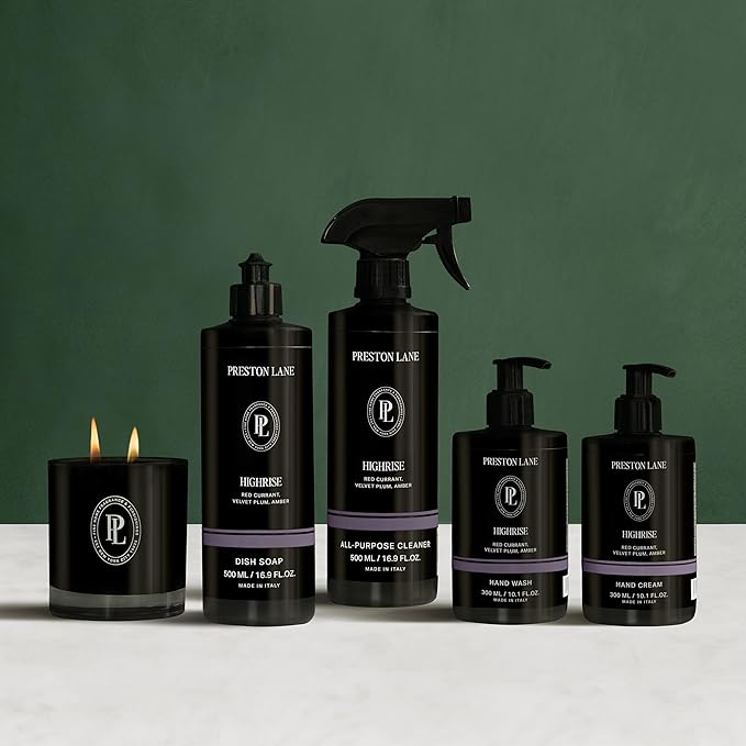 Preston Lane Signature Home Set – All Purpose Cleaner, Dish Soap, Hand Wash, Hand Cream & Scented Candle | Plant-Powered Cleaning & Care Essentials with Fine Italian Fragrance, Highrise