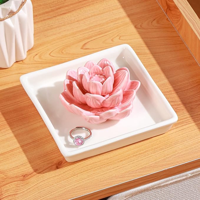 PUDDING CABIN Pink Lotus Ring Holder Dish, Jewelry Holder for Rings, Earrings, Necklace, Bracelets Organizer, Birthday, Wedding, Christmas, Valentine's Day Gifts for Her