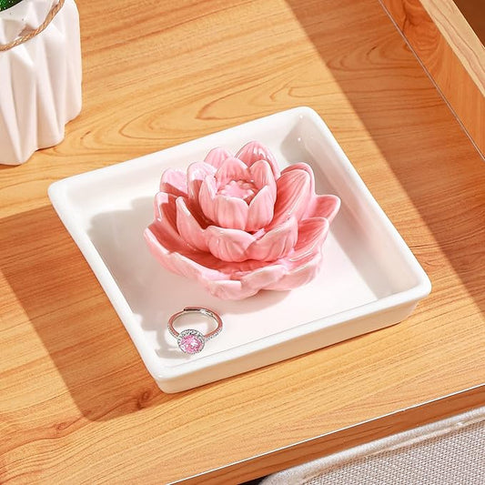 PUDDING CABIN Pink Lotus Ring Holder Dish, Jewelry Holder for Rings, Earrings, Necklace, Bracelets Organizer, Birthday, Wedding, Christmas, Valentine's Day Gifts for Her