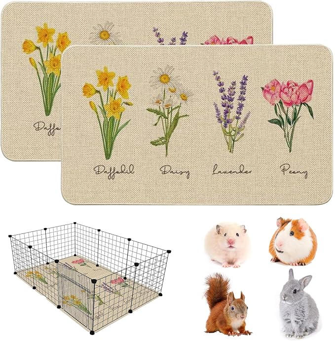 Hamiledyi Guinea Pig Cage Liner 2 Packs Reusable Guinea Pig Pee Pads with Flower Pattern Washable Small Animal Mats for Rabbit Hamster Chinchilla Rat and Other Small Pets (24" L x 16" W)