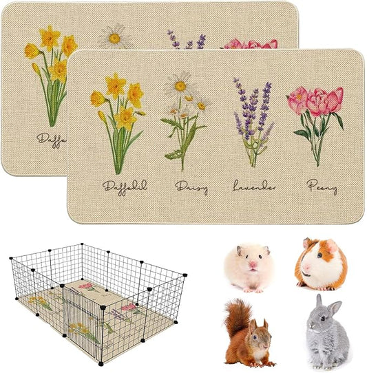 Hamiledyi Guinea Pig Cage Liner 2 Packs Reusable Guinea Pig Pee Pads with Flower Pattern Washable Small Animal Mats for Rabbit Hamster Chinchilla Rat and Other Small Pets (24" L x 16" W)