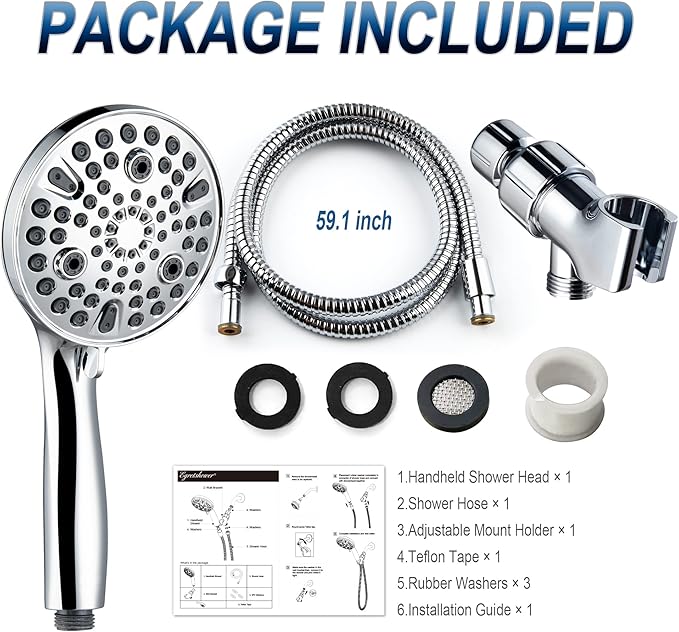 High Pressure Handheld Shower Head, 10-Setting Showerhead, 4.7”Detachable Showerhead Set with 5ft Hose, Adjustable Bracket and Built-in Power Wash to Clean Tub, Tile & Pets - Polished Chrome