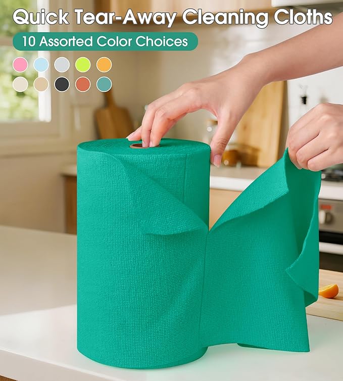 KitchLife Microfiber Cleaning Cloth Roll, 100 Pack - Tear-Away Microfiber Paper Towels, Lint-Free, Reusable, Washable for Kitchen, Car, Dishes, and Sensitive Surfaces (Forest Green)