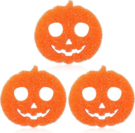 3 Pcs Dual Sided Scrub Sponge Multi Functional Cute Temperature Sensitive Non Scratch Dish Sponge for Washing Dishes Kitchen Bathroom(Halloween Pumpkin,Orange)
