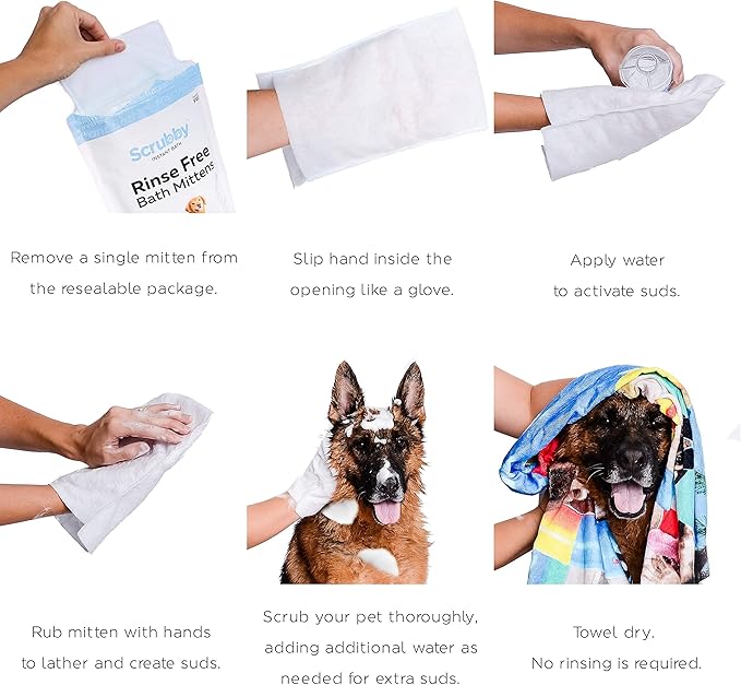 Wipes | Rinse Free Shampoo Mittens | Dogs & Cats | Bath Wipes | Bathing & Washing Pets, Hypoallergenic | No Rinse Wash Mitt | Grooming | Lather Wipe Dry