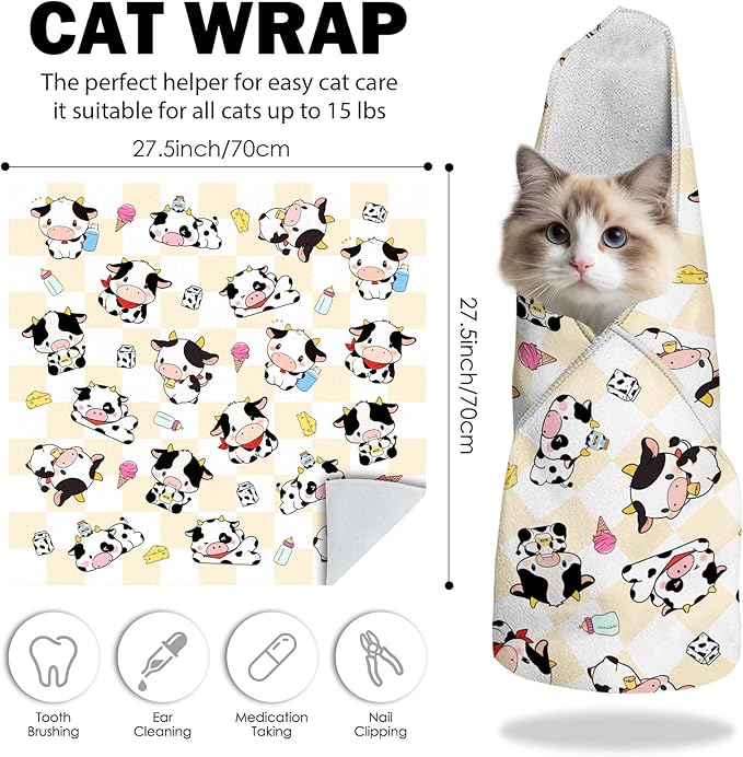 27.6" Cat Grooming Wrap, Self Adhesive Cat Wrap for Cutting Nails, Anti-Escape Calming Cat Swaddle Wrap for Medicine Ear Cleaning, Cow Anti-Scratch Cats Burrito Restraint Blanket, Pet Tool (6-10 lbs)