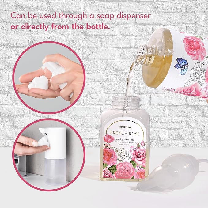 ROMIIE ZOI Rose Foaming Hand Soap Refill Gift Set – 3 Pack (33.8 Fl Oz Each) with Refillable Dispenser, Romantic Floral Scent, Moisturizing & Biodegradable for Bathroom, Kitchen, Sensitive Skin
