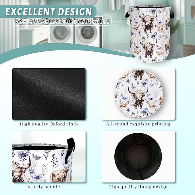 Watercolor Highland Cow Laundry Hamper With Handles Foldable Oxford Cloth Purple Flower Tote Bag Cows Laundry Basket Clothes Toy Storage Bucket 18.9" x 16.5"For Bathroom/Laundry/Bedroom