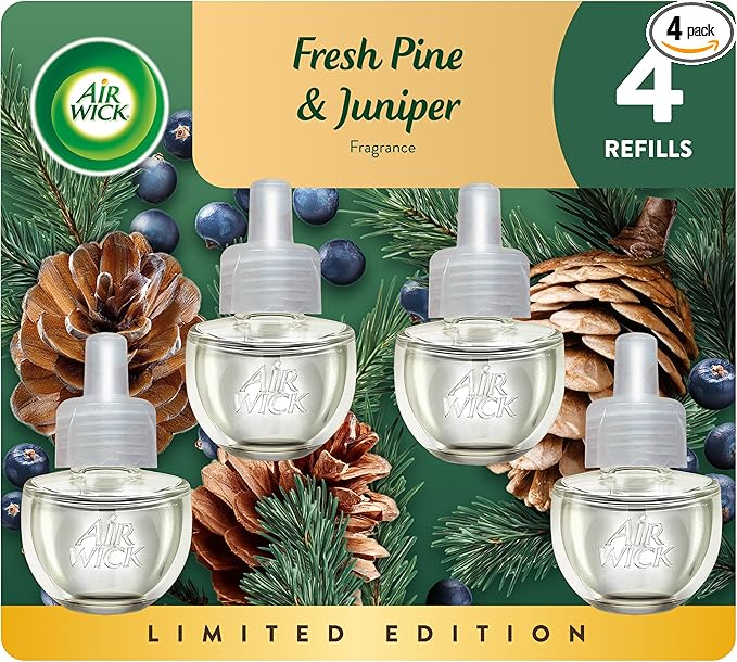 Air Wick Plug In Scented Oil Refill, Infused with Essential Oils, Plug In Air Fresheners for Home, Fresh Pine & Juniper, 4 ct