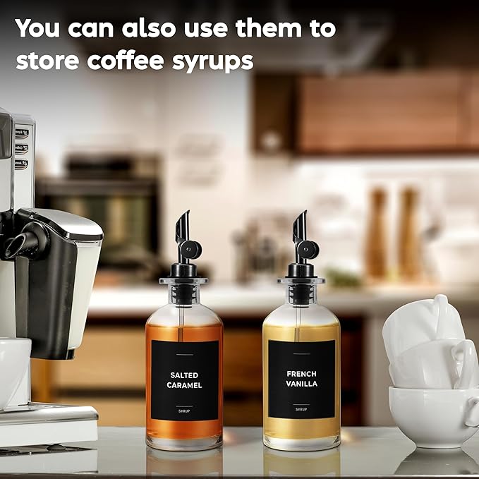 Olive Oil Dispenser Bottle - Includes 55 Kitchen Essential Labels - Cooking Oil Bottles for Kitchen, Coffee Syrup Dispenser - Pourer Spout with 11.8 fl oz Glass Container Cruet - 4pcs, Black