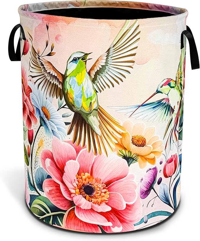 Hummingbird Laundry Basket Beautiful Bird Flower Foldable Oxford Cloth Funny Tote Bag Laundry Hamper Clothes Storage Bucket Toy Organizer For Bathroom/Laundry Storage/Bedroom 18.9x16.5 Inch